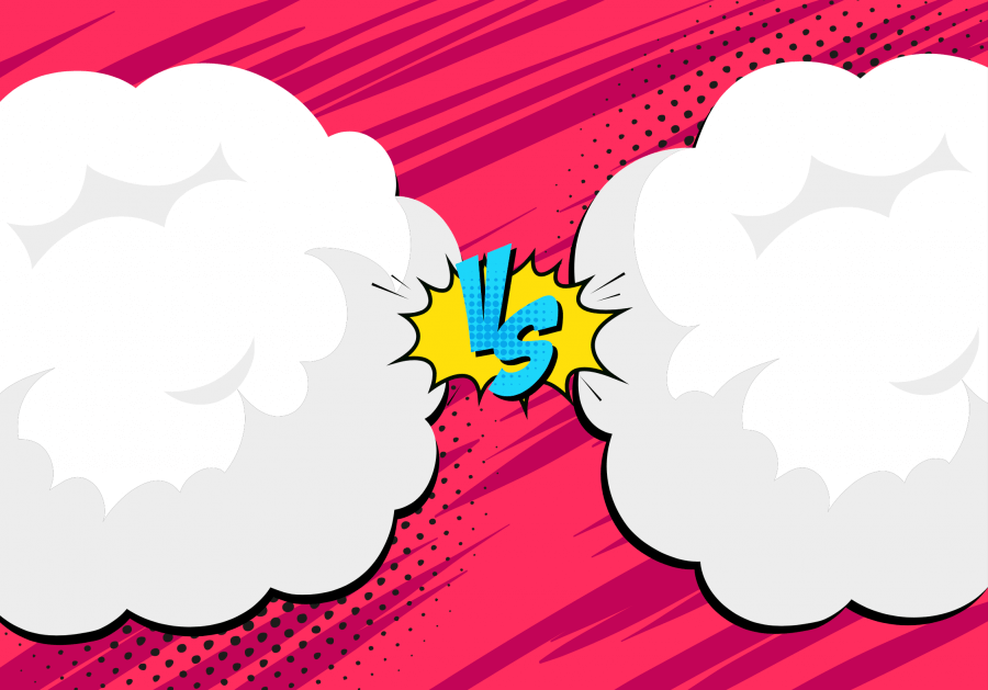 Cartoon clouds with text that says 'vs'