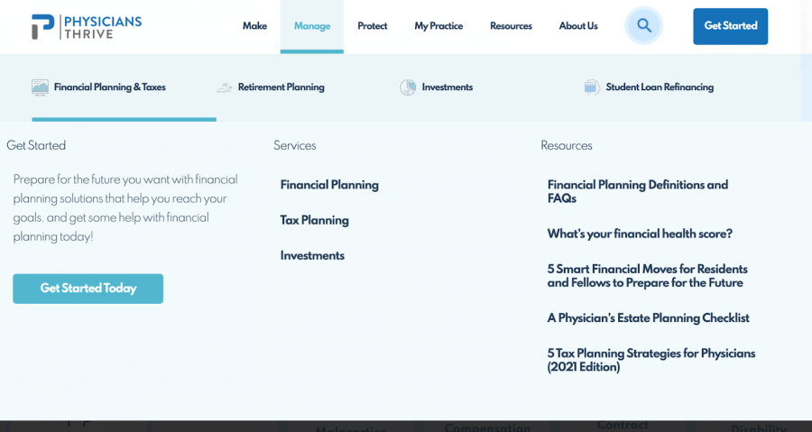 Screenshot of Physicians Thrive dropdown menu of services